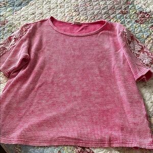 BiBi Pink Short Sleeve Top with Lace Accents